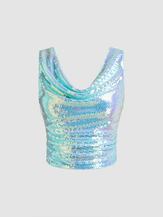 Sequin Cowl Neck Crop Tank Top