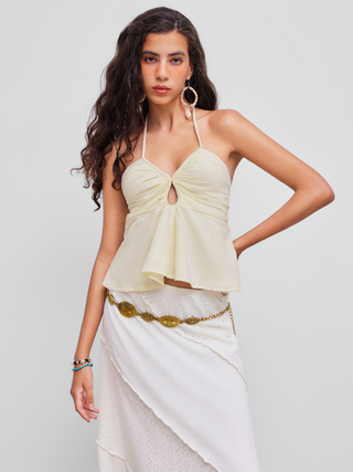 Chiffon Halter Neckline Solid Braid Detail Ruffle Cami Top