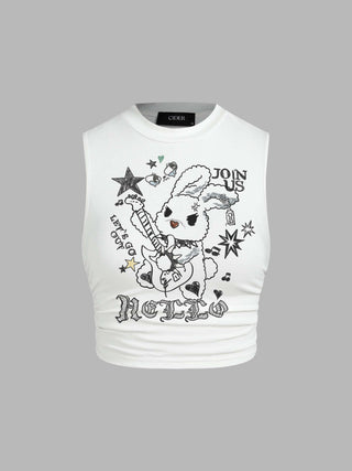 Round Neckline Guitar Rabbit Graphic Ruched Crop Tank Top