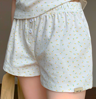 100% Cotton Mid Rise Floral Elastic Waist Button Loungewear Shorts