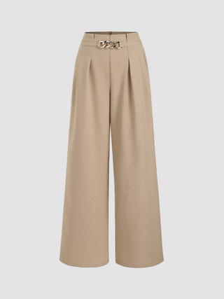 High Rise Solid Pocket Zipper Wide Leg Trousers