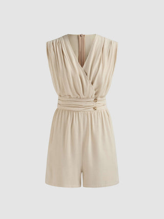 Linen-blend V-neck Solid Ruched Zipper Romper