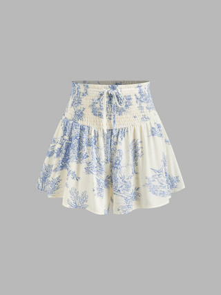 High Rise Toile de Jouy Shirred Knotted Shorts