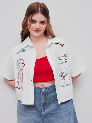 Linen-blend Collar Dog Embroidery Oversized Shirt Curve & Plus