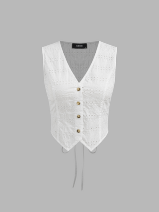 Broderie Anglaise Cotton-blend V-neck Button Knotted Crop Vest