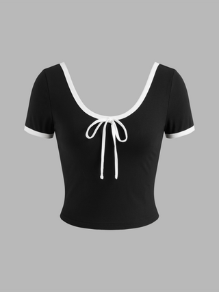 Cotton-blend Scoop Neckline Contrasting Binding Knotted Crop Tee