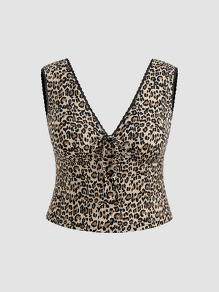 V-neck Leopard Lace Trim Tank Top Curve & Plus