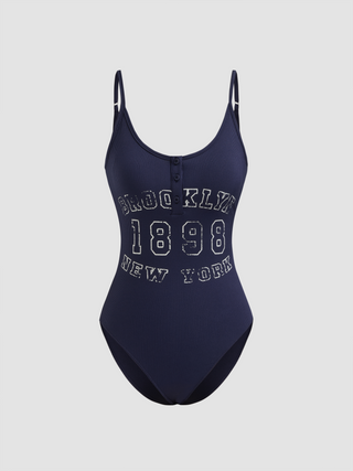 1898 New York Scoop Neckline Solid Graphic Button Bodysuit