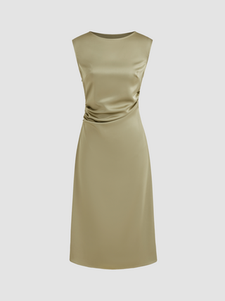 Satin Boat Neckline Solid Ruched Midi Dress