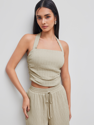 Halter Neckline Solid Texture Ruched Crop Top