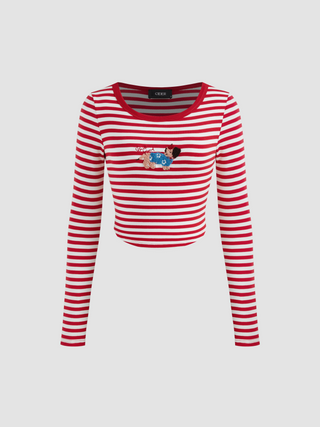 Cotton-blend Round Neckline Bear Striped Long Sleeve Crop Top