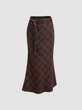 Mid Rise Check Double Belted Maxi Skirt