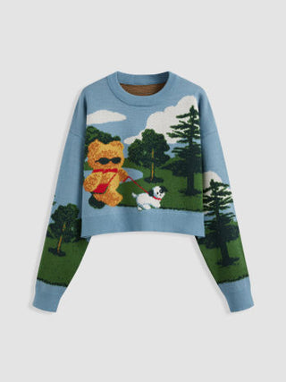 Knit Round Neckline Bear Oil Painting Pattern Sweater