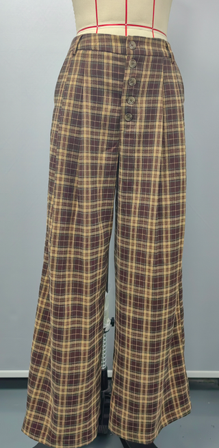 Mid Rise Checks Button Wide Leg Trousers