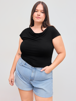 Jersey Cowl Neck Solid Short Sleeve Tee Curve & Plus