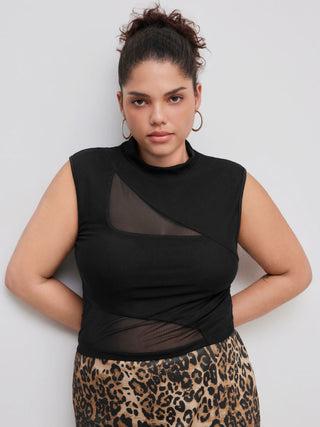 Mesh Stand Collar Cut Out Crop Tank Top Curve & Plus