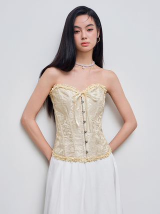 V-neck Bowknot Lettuce Trim Corset Tube Top