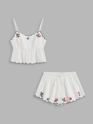 100% Cotton Sweetheart Neckline Floral Embroidery Wave Trim Crop Cami Top & High Rise Drawstring Wide Leg Shorts Set