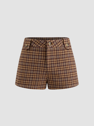 Wool-like Low Rise Checks Button Shorts