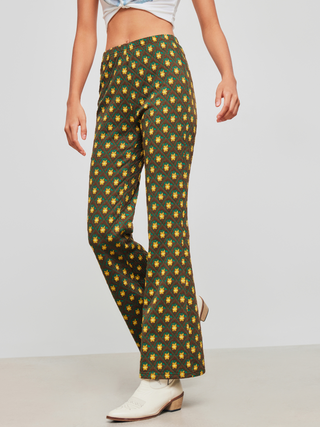 Mid Rise Floral Elastic Waist Flared Trousers