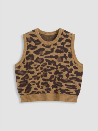 Wool-blend Knit Round Neckline Leopard Oversized Vest Curve & Plus