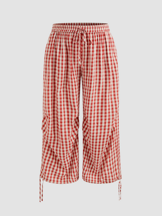 Mid Rise Gingham Knotted Drawstring Pocket Wide Leg Trousers Curve & Plus