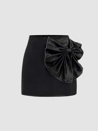 Satin Mid Rise Solid Bowknot Mini Skirt