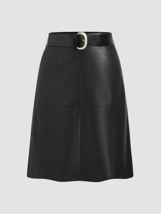 Faux Leather Mid Rise Solid Midi Skirt With Belt Curve & Plus