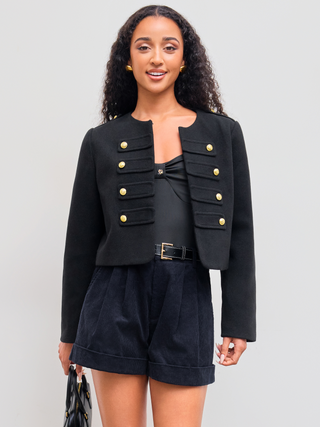 Tweed Collarless Solid Button Oversized Jacket