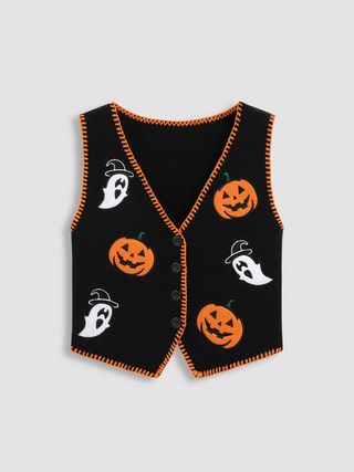 Knitted V-neck Pumpkin Ghost Contrasting Binding Vest