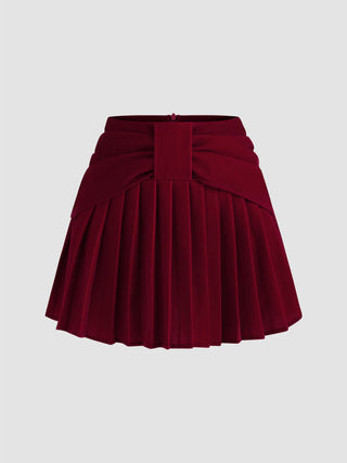 Velvet Mid Rise Solid Bowknot Pleated Mini Skirt