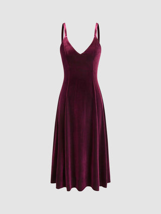 Velvet V-neck Ruffle Midi Dress