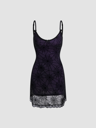 U-neckline Spider Web Lace Bowknot Mini Dress