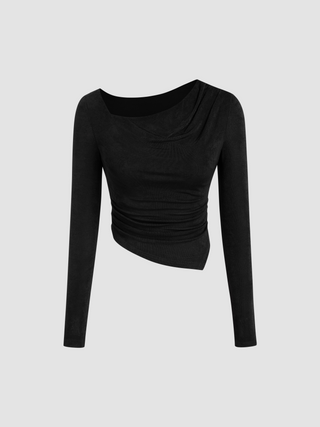 Asymmetrical Neck Ruched Long Sleeve Crop Tee