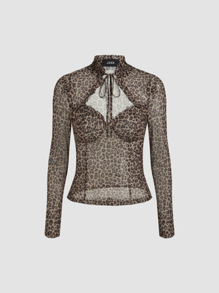 Mesh High Neck Leopard Cut Out Knotted Long Sleeve Top