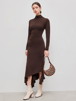 Turtleneck Solid Ruched Ruffle Asymmetrical Hem Maxi Dress