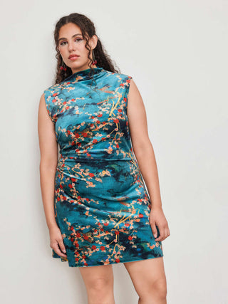 Velvet Mandarin Collar Floral Ruched Mini Dress Curve & Plus