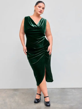 Velvet Cowl Neck Solid Ruched Midi Dress Curve & Plus