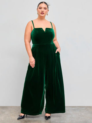 Velvet V-neck Solid Pocket Shirred Wide Leg Jumpsuit Curve & Plus