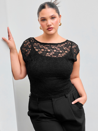 Lace Boat Neckline See-through Short Sleeve Top Curve & Plus