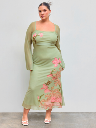 Square Neckline Floral Knotted Backless Midi Dress Curve&Plus