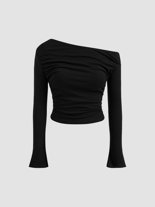 Asymmetrical Neck Solid Ruched Long Sleeve Top