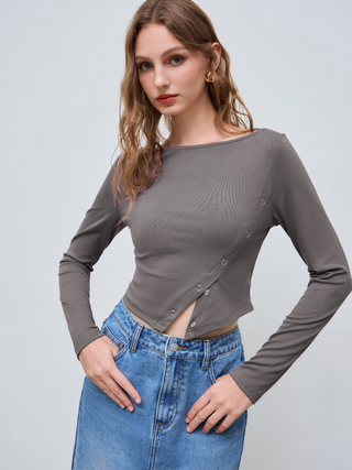 Round Neckline Solid Button Long Sleeve Crop Tee