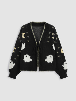 Knit V-neck Ghost Graphic Knotted Cardigan