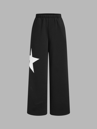 Terry Mid Rise Star Elastic Waist Pocket Wide Leg Trousers