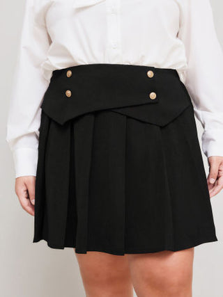 Mid Rise Solid Button Pleated Mini Skirt Curve & Plus