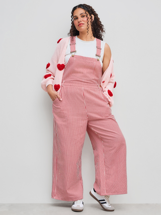 Cotton-blend Striped Button Pocket Wide Leg  Jumpsuit Curve & Plus