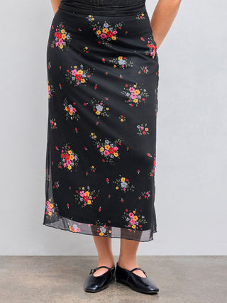 Mesh Mid Rise Floral Lettuce Trim Maxi Skirt Curve & Plus