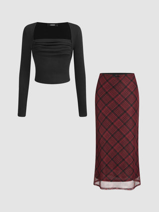 Square Neck Ruched Long Sleeve Top & Mid Rise Checks Maxi Skirt Set