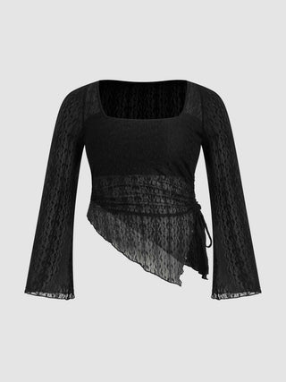 Square Neck Lace Drawstring Long Sleeve Top Curve & Plus